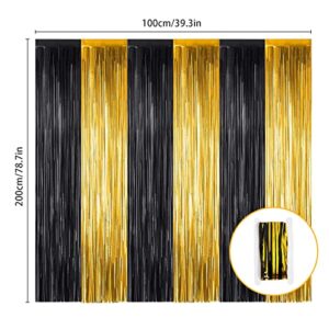 2Pack Foil Fringe Curtains,3.28 X 6.5ft Streamers Backdrop, Fringe Backdrop Tinsel Curtains for Christmas Halloween Party Photo Backdrop Wedding Decor Birthday (Black&Gold, 3.28 X 6.5ft)