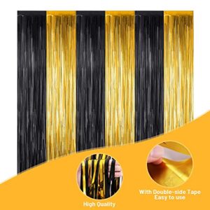 2Pack Foil Fringe Curtains,3.28 X 6.5ft Streamers Backdrop, Fringe Backdrop Tinsel Curtains for Christmas Halloween Party Photo Backdrop Wedding Decor Birthday (Black&Gold, 3.28 X 6.5ft)