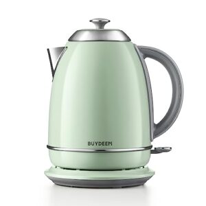 buydeem k640n stainless steel electric tea kettle with auto shut-off and boil dry protection, 1.7 liter cordless hot water boiler with swivel base, 1440w, cozy greenish