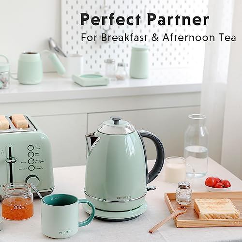 BUYDEEM K640N Stainless Steel Electric Tea Kettle with Auto Shut-Off and Boil Dry Protection, 1.7 Liter Cordless Hot Water Boiler with Swivel Base, 1440W, Cozy Greenish