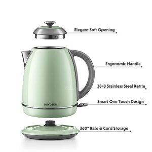 BUYDEEM K640N Stainless Steel Electric Tea Kettle with Auto Shut-Off and Boil Dry Protection, 1.7 Liter Cordless Hot Water Boiler with Swivel Base, 1440W, Cozy Greenish