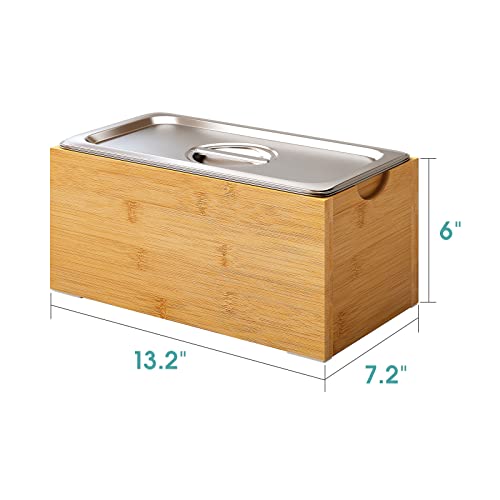 Compost Bin Kitchen, 1.6 Gal-Kitchen Compost Bin Countertop, Rust Proof Stainless Steel Insert, Countertop Compost Bin with Lid, and Bamboo Wood Box- Large Compost Bin Kitchen