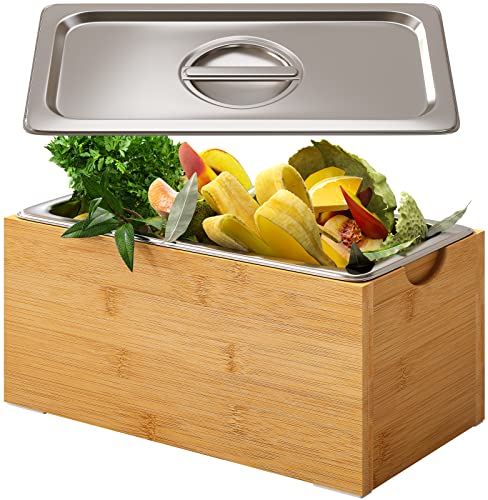 Compost Bin Kitchen, 1.6 Gal-Kitchen Compost Bin Countertop, Rust Proof Stainless Steel Insert, Countertop Compost Bin with Lid, and Bamboo Wood Box- Large Compost Bin Kitchen