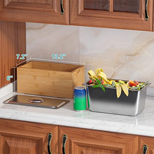 Compost Bin Kitchen, 1.6 Gal-Kitchen Compost Bin Countertop, Rust Proof Stainless Steel Insert, Countertop Compost Bin with Lid, and Bamboo Wood Box- Large Compost Bin Kitchen