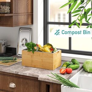 Compost Bin Kitchen, 1.6 Gal-Kitchen Compost Bin Countertop, Rust Proof Stainless Steel Insert, Countertop Compost Bin with Lid, and Bamboo Wood Box- Large Compost Bin Kitchen