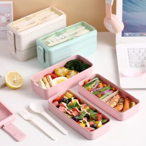 Sudreman Stackable Bento Box Japanese Lunch Box Kit with Spoon & Fork, 3-In-1 Compartment - Wheat Straw Meal Prep Containers -1000ml