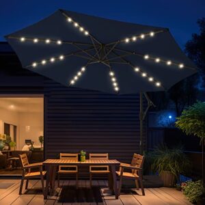 wikiwiki 10ft Solar LED Offset Hanging Market Patio Umbrella for Backyard, Poolside, Lawn and Garden,Easy Tilt Adjustment, Polyester Shade & Cross Base (Navy Blue)