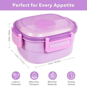 Caperci Superior Salad Container for Lunch To Go - Large 55-oz Salad Bowl Lunch Box Container with 4-Compartment Bento-Style Tray, 3-oz Sauce Container, Reusable Spork & BPA-Free (Purple)