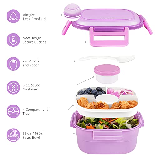 Caperci Superior Salad Container for Lunch To Go - Large 55-oz Salad Bowl Lunch Box Container with 4-Compartment Bento-Style Tray, 3-oz Sauce Container, Reusable Spork & BPA-Free (Purple)
