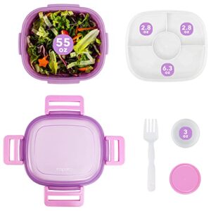 Caperci Superior Salad Container for Lunch To Go - Large 55-oz Salad Bowl Lunch Box Container with 4-Compartment Bento-Style Tray, 3-oz Sauce Container, Reusable Spork & BPA-Free (Purple)