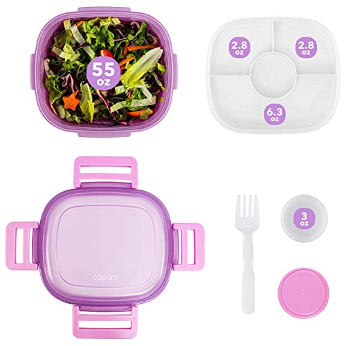 Caperci Superior Salad Container for Lunch To Go - Large 55-oz Salad Bowl Lunch Box Container with 4-Compartment Bento-Style Tray, 3-oz Sauce Container, Reusable Spork & BPA-Free (Purple)