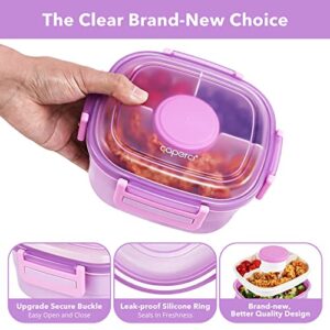 Caperci Superior Salad Container for Lunch To Go - Large 55-oz Salad Bowl Lunch Box Container with 4-Compartment Bento-Style Tray, 3-oz Sauce Container, Reusable Spork & BPA-Free (Purple)