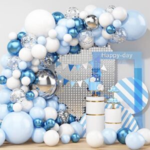 blue and silver balloon arch kit, blue balloon garland kit, metallic blue white and silver confetti latex balloons for boy girl party birthday baby shower wedding graduation anniversary decorations