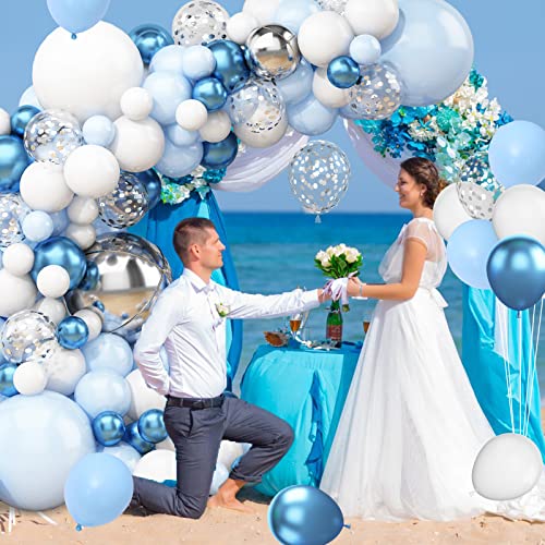 Blue and Silver balloon Arch Kit, Blue Balloon Garland Kit, Metallic Blue White and Silver Confetti Latex Balloons for Boy Girl Party Birthday Baby Shower Wedding Graduation Anniversary Decorations