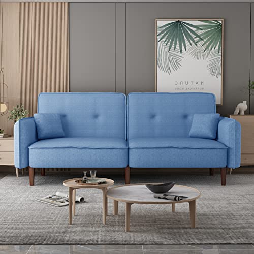 Lepfun Futon Sofa Bed with Two Pillows, 75Inches Modern Convertible Sleeper Couch with 3 Angles Adjustable Back and Solid Wood Leg for Living Room and Bedroom (Blue)