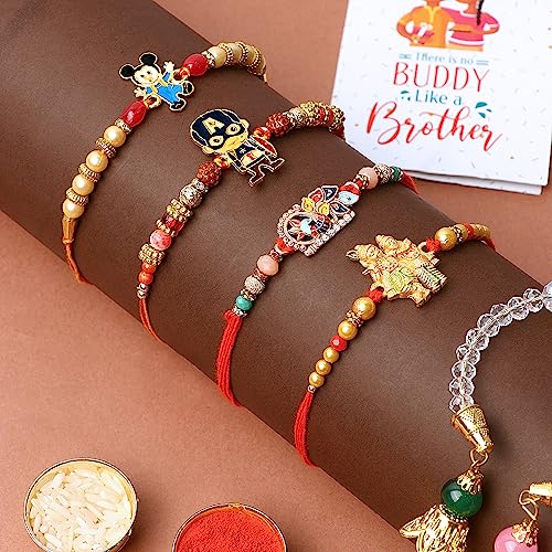 SATVIK Set of 5 Rakhi Family Combo 2 Bhaiya +1 Bhabhi Lumba + 2 rakhi for Brother Bhaiya Bhabhi Traditional Handmade Assorted Designer Rakhi Set Roli Chawal, Greeting Card & Sita-Ram Sticker