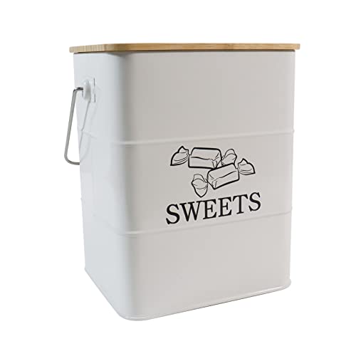 Gdfjiy Candy Jar for Kitchen Counter, White Metal Candy Can Candy Tin with Airtight Bamboo Lid & Portable Handles, Candy Buffet, Party Table - Food Storage Canisters for Candies, Cookies, Sugar Cubes, Chocolate and Snacks