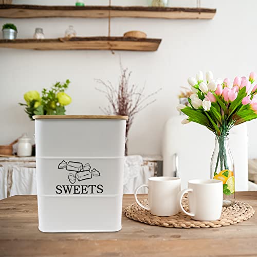 Gdfjiy Candy Jar for Kitchen Counter, White Metal Candy Can Candy Tin with Airtight Bamboo Lid & Portable Handles, Candy Buffet, Party Table - Food Storage Canisters for Candies, Cookies, Sugar Cubes, Chocolate and Snacks