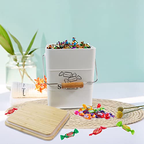 Gdfjiy Candy Jar for Kitchen Counter, White Metal Candy Can Candy Tin with Airtight Bamboo Lid & Portable Handles, Candy Buffet, Party Table - Food Storage Canisters for Candies, Cookies, Sugar Cubes, Chocolate and Snacks