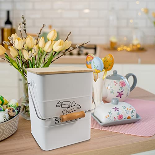 Gdfjiy Candy Jar for Kitchen Counter, White Metal Candy Can Candy Tin with Airtight Bamboo Lid & Portable Handles, Candy Buffet, Party Table - Food Storage Canisters for Candies, Cookies, Sugar Cubes, Chocolate and Snacks