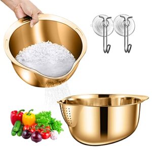 2pcs multifunctional drain basin and vegetable washing basin, rice washing bowl with strainer, stainless steel side drainers for fruits, vegetables and beans versatile kitchen tool (gold)