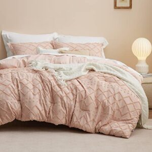 bedsure california king comforter set - coral pink tufted shabby chic bedding comforter set for all seasons, 3 pieces western comforter farmhouse modern embroidery bed set for women men girls