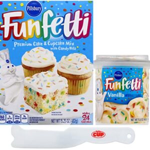 Pillsbury Funfetti Premium Cake Mix, 15.25 oz and Funfetti Vanilla Flavored Frosting, 15.6 oz with By The Cup Spatula Knife