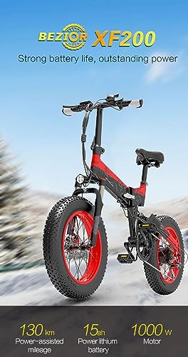 Bezior Electric Bike XF200 for Adults, Foldable 20" x 4.0 Fat Tire Electric Bicycle, 1000w Motor 48V 15Ah Removable Lithium Battery, 25MPH Electric Mountain Bike, Suspension Fork, 7 Speed Gear