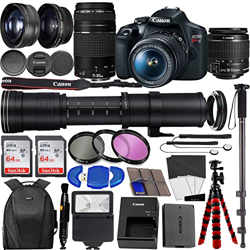 Canon EOS Rebel T7 DSLR Camera with 18-55mm is II Lens Bundle + Canon EF 75-300mm f/4-5.6 III Lens + 420-800mm HD SuperZoom Lens + 128GB Memory + Filters + Flash + Monopod + Professional Bundle Black