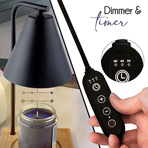 HME & Co. Candle Warmer Lamp for Jar Candles - Wooden Base Electric Candle Warmer Lantern, Dimmable Candle Lamp with Timer & 2 Bulbs - Black and Wood Candle Melting Lamp