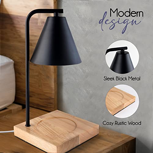 HME & Co. Candle Warmer Lamp for Jar Candles - Wooden Base Electric Candle Warmer Lantern, Dimmable Candle Lamp with Timer & 2 Bulbs - Black and Wood Candle Melting Lamp