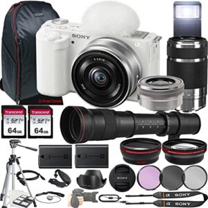 sony zv-e10 mirrorless camera (white) w/e pz 16-50mm f/3.5-5.6 oss lens + e 55-210mm f/4.5-6.3 oss lens + 420-800mm f/8.3 hd lens + 2x 64gb memory, case, filters, tripod, more (35pc bundle)