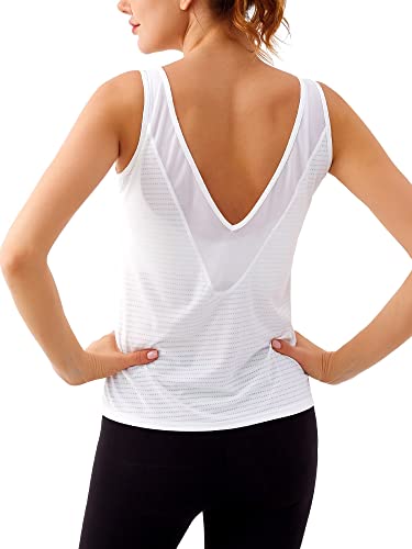 SILKWORLD Workout Tank Tops for Women Mesh Open Back Sleeveless Yoga Tops Scoop Neck Gym Running Clothes, White, Small