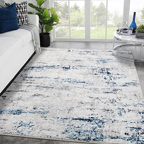 Area Rug Living Room Rugs: 3x5 Small Soft Indoor Carpet Modern Abstract Rug with Non Slip Rubber Backing for Under Dining Table Nursery Home Office Bedroom Gray Blue