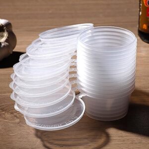 rhblme 200 sets disposable plastic portion cups with lids, 2 oz stackable airtight souffle cups, recyclable condiment containers jello shot cups for sauce pigment pills and more