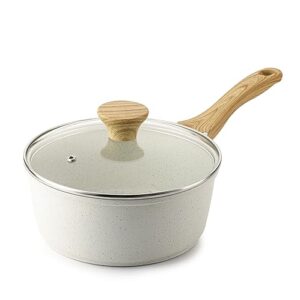 sensarte white ceramic nonstick saucepan with lid 2.5 qt, small cooking pot with stay cool handle, induction compatible soup pot, pfoa/pfas free