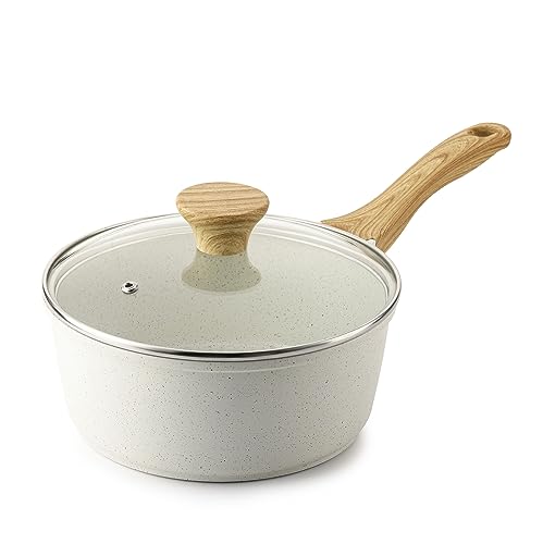 SENSARTE White Ceramic Nonstick Saucepan with Lid 2.5 QT, Small Cooking Pot with Stay Cool Handle, Induction Compatible Soup Pot, PFOA/PFAS Free