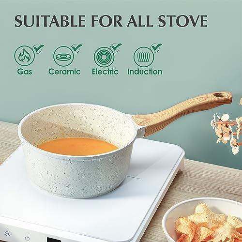 SENSARTE White Ceramic Nonstick Saucepan with Lid 2.5 QT, Small Cooking Pot with Stay Cool Handle, Induction Compatible Soup Pot, PFOA/PFAS Free