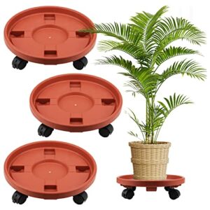 hoigon 4 pack 13 inch plant caddy with wheels, drain tube and water tray, heavy duty plant pallet caddy, round rolling plant stand flower planter pot mover, red