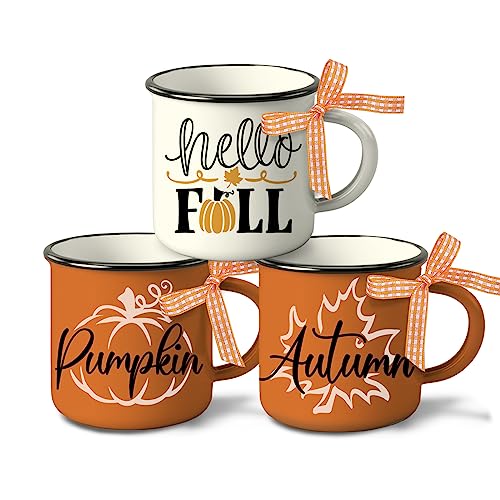 Paayna Hello Fall Mini Coffee Mug Set of 3, Autumn Pumpkin Maple Leaf Mini Coffee Cups for Tiered Tray Decor, Farmhouse Kitchen Coffee Bar Decorations Centerpieces Thanksgiving Housewarming Gift