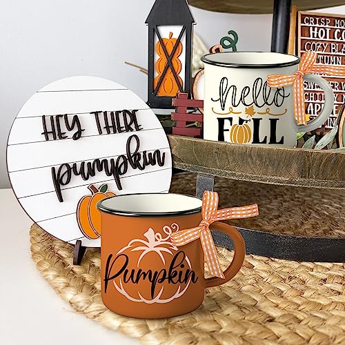 Paayna Hello Fall Mini Coffee Mug Set of 3, Autumn Pumpkin Maple Leaf Mini Coffee Cups for Tiered Tray Decor, Farmhouse Kitchen Coffee Bar Decorations Centerpieces Thanksgiving Housewarming Gift