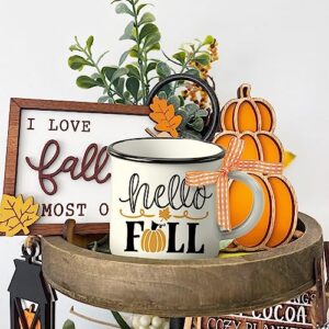 Paayna Hello Fall Mini Coffee Mug Set of 3, Autumn Pumpkin Maple Leaf Mini Coffee Cups for Tiered Tray Decor, Farmhouse Kitchen Coffee Bar Decorations Centerpieces Thanksgiving Housewarming Gift