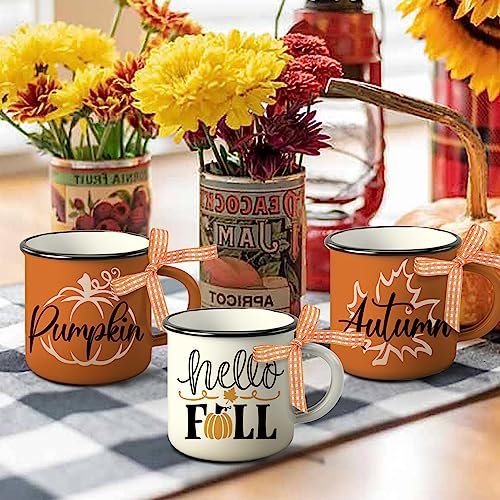 Paayna Hello Fall Mini Coffee Mug Set of 3, Autumn Pumpkin Maple Leaf Mini Coffee Cups for Tiered Tray Decor, Farmhouse Kitchen Coffee Bar Decorations Centerpieces Thanksgiving Housewarming Gift