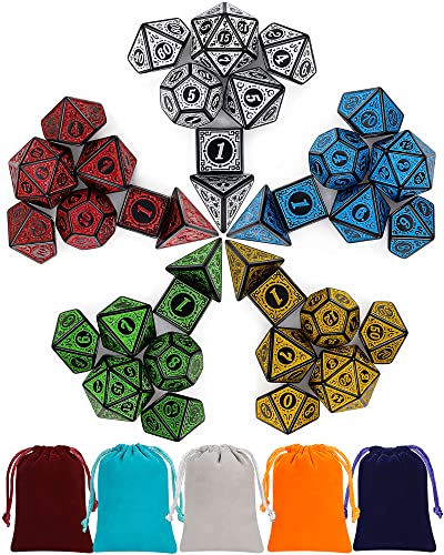 CiaraQ Polyhedral Dice with 5 Pouches, 5 Sets of Retro Dice for MTG DND Board Games, 35 Pieces