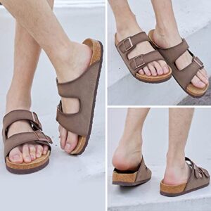 KLUKGE Mens Cork Sandals,Adjustable Buckle Leather Non-Slip Slippers Women's Flat Slide Cork Footbed Sandals Unisex Shoes, Arch Support(Light Brown US 14)