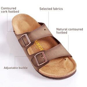 KLUKGE Mens Cork Sandals,Adjustable Buckle Leather Non-Slip Slippers Women's Flat Slide Cork Footbed Sandals Unisex Shoes, Arch Support(Light Brown US 14)