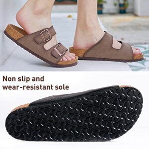 KLUKGE Mens Cork Sandals,Adjustable Buckle Leather Non-Slip Slippers Women's Flat Slide Cork Footbed Sandals Unisex Shoes, Arch Support(Light Brown US 14)