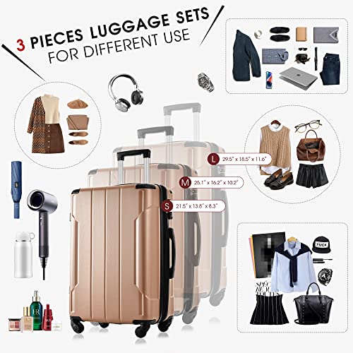 Merax Hardside Luggage Sets 3 Piece Suitcase Set Carry On Expandable Luggage with TSA Lock Spinner Wheels for Men Women (Gold)