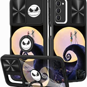 Joyleop (2in1 for Samsung Galaxy A03S Case Cartoon Cute Moon CP for Girls Pretty Women Teen Kids Girly Phone Covers Black Pattern Design with Slide Camera Cover+Ring Holder for Galaxy A03S 6.5”