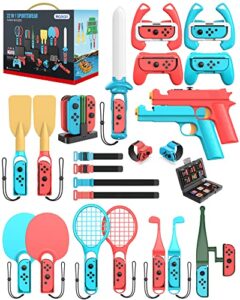 𝙎𝙬𝙞𝙩𝙘𝙝 𝙎𝙥𝙤𝙧𝙩𝙨 𝘼𝙘𝙘𝙚𝙨𝙨𝙤𝙧𝙞𝙚𝙨 𝘽𝙪𝙣𝙙𝙡𝙚 - hozkaii 22 in 1 family accessories kit pack for nintendo switch/oled sports games with charging dock, game guns, tennis rackets, golf clubs, wrist bands & leg strap